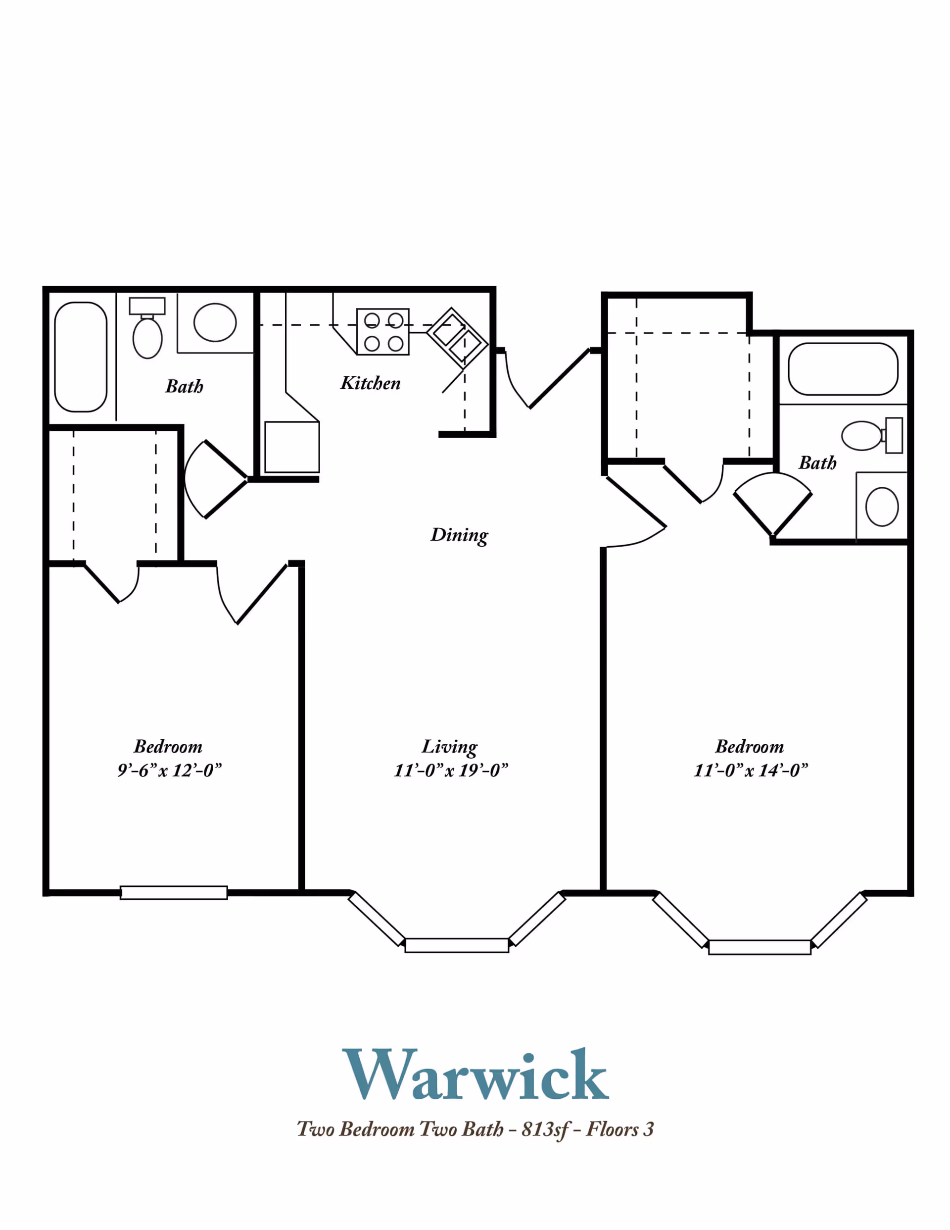 Floor plan of Warwick apartment at Tealridge Assisted Living and Memory Care, showing two bedrooms, two bathrooms, a kitchen, dining area, and living room with dimensions.