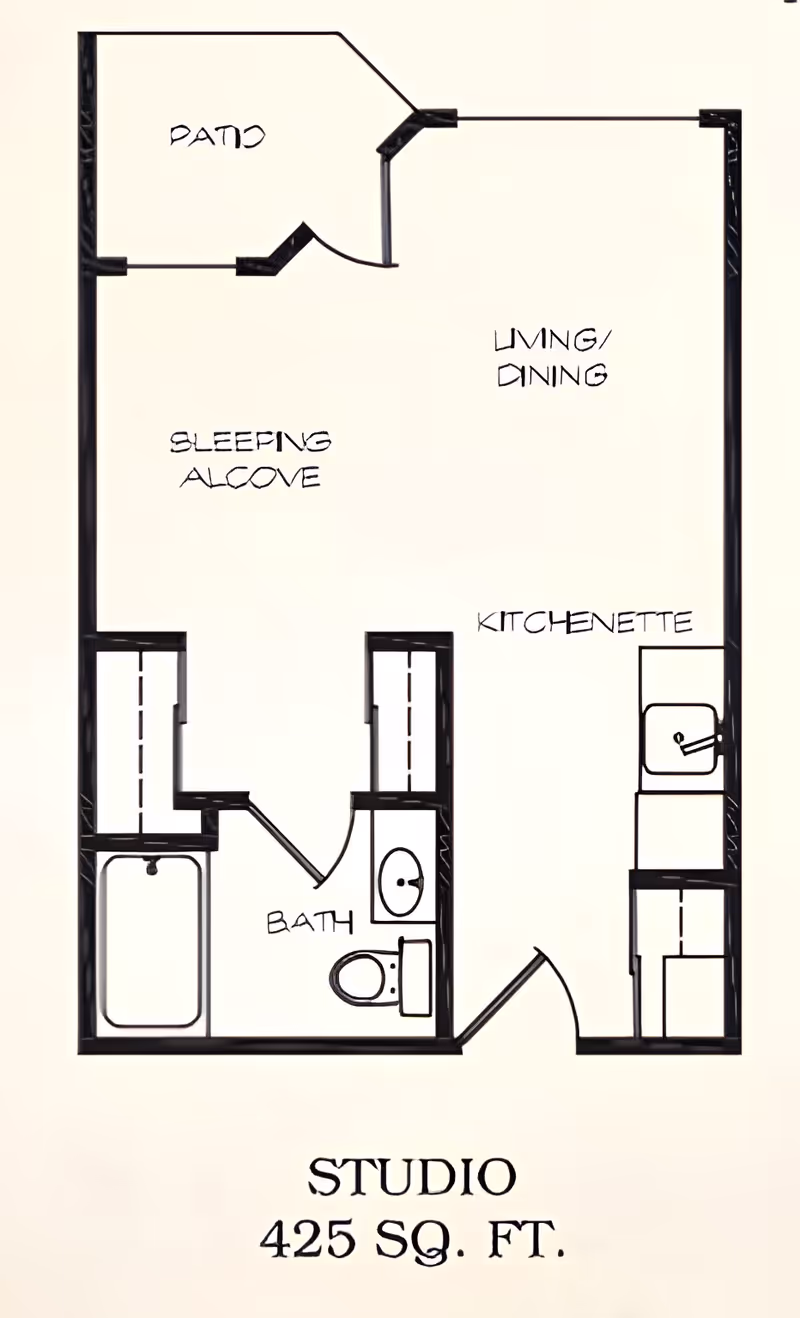 Black-and-white floor plan of a 425 sq. ft. studio showing living/dining, sleeping alcove, kitchenette, bath, and patio.