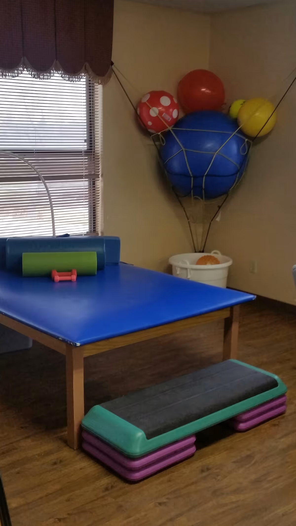 An indoor therapy/exercise room with a blue padded treatment table, a step platform, foam roller and small dumbbell, and large exercise balls stored in a corner net.
