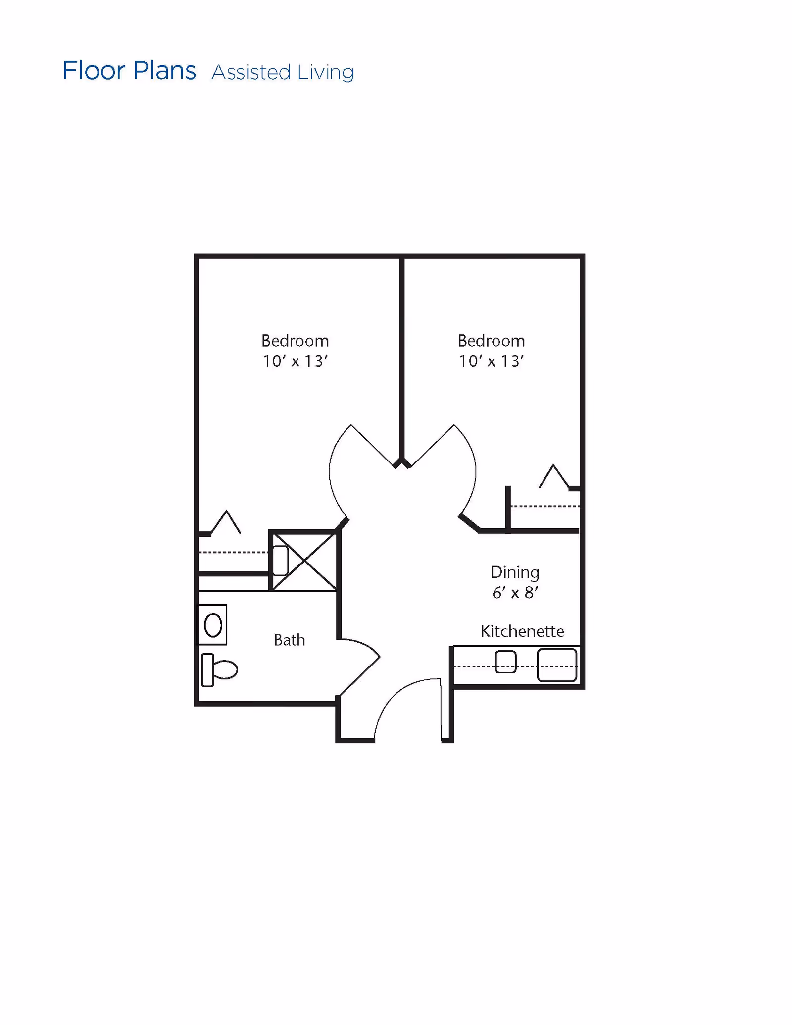 Floor plan for assisted living unit at Brookdale Lexington showing two bedrooms each measuring 10 by 13 feet, a bathroom, a dining area measuring 6 by 8 feet, and a kitchenette.