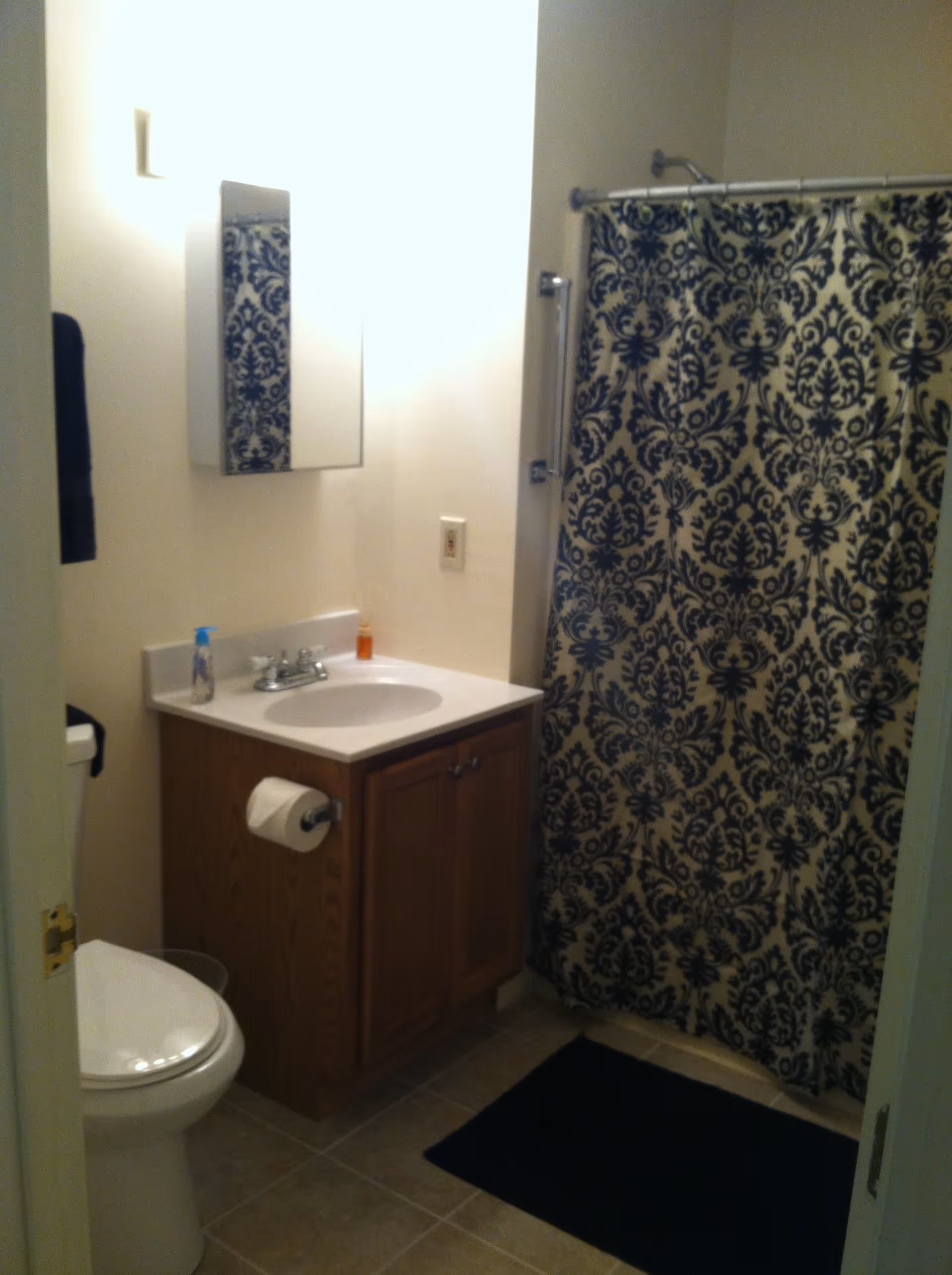 A small bathroom with a white toilet, a wooden vanity with a white sink, a mirror cabinet above the sink, a patterned shower curtain in black and white, and a dark floor mat on the tiled floor.