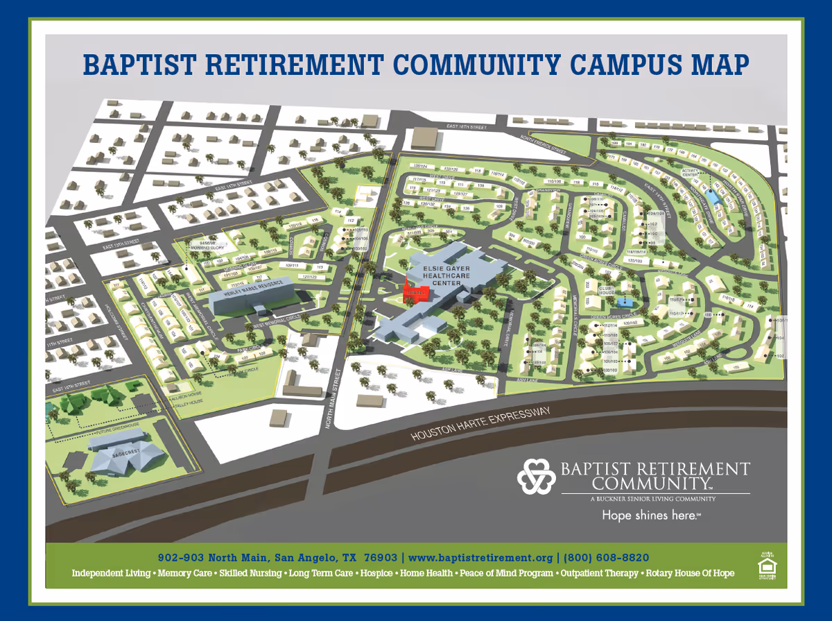 Campus map of Baptist Retirement Community showing various buildings, roads, and green spaces including Elsie Gayer Healthcare Center, Robert Vance Residence, and other residential areas, with Houston Harte Expressway at the bottom.
