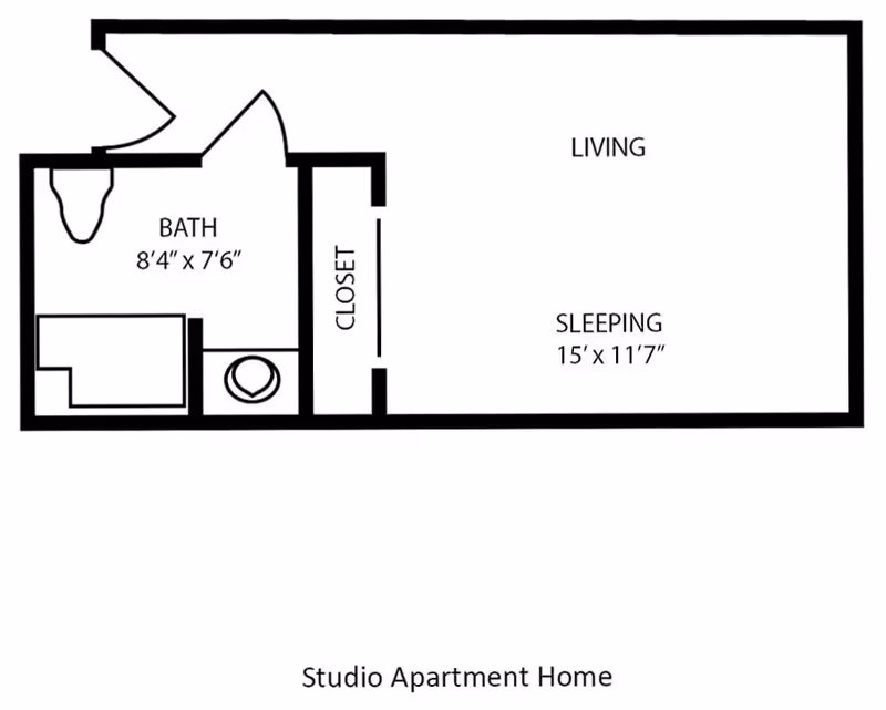 Floor plan of a studio apartment home showing a bath area measuring 8 feet 4 inches by 7 feet 6 inches, a closet, a living area, and a sleeping area measuring 15 feet by 11 feet 7 inches.