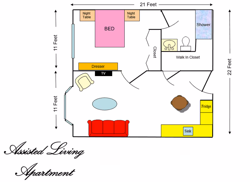Floor plan of an assisted living apartment showing a bedroom with a bed and night tables, a walk-in closet with a bathroom including a shower, a living area with a red couch, chair, TV, and coffee table, and a kitchen area with a fridge, sink, and small dining table.