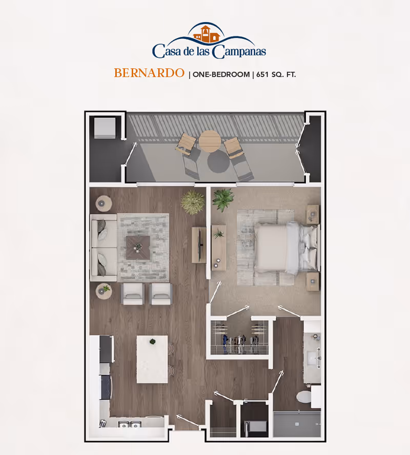 Floor plan of a one-bedroom apartment named Bernardo at Casa de las Campanas, showing a living room with sofa and chairs, a kitchen with an island, a bedroom with a bed and nightstands, a bathroom with a shower, and a balcony with a table and two chairs.