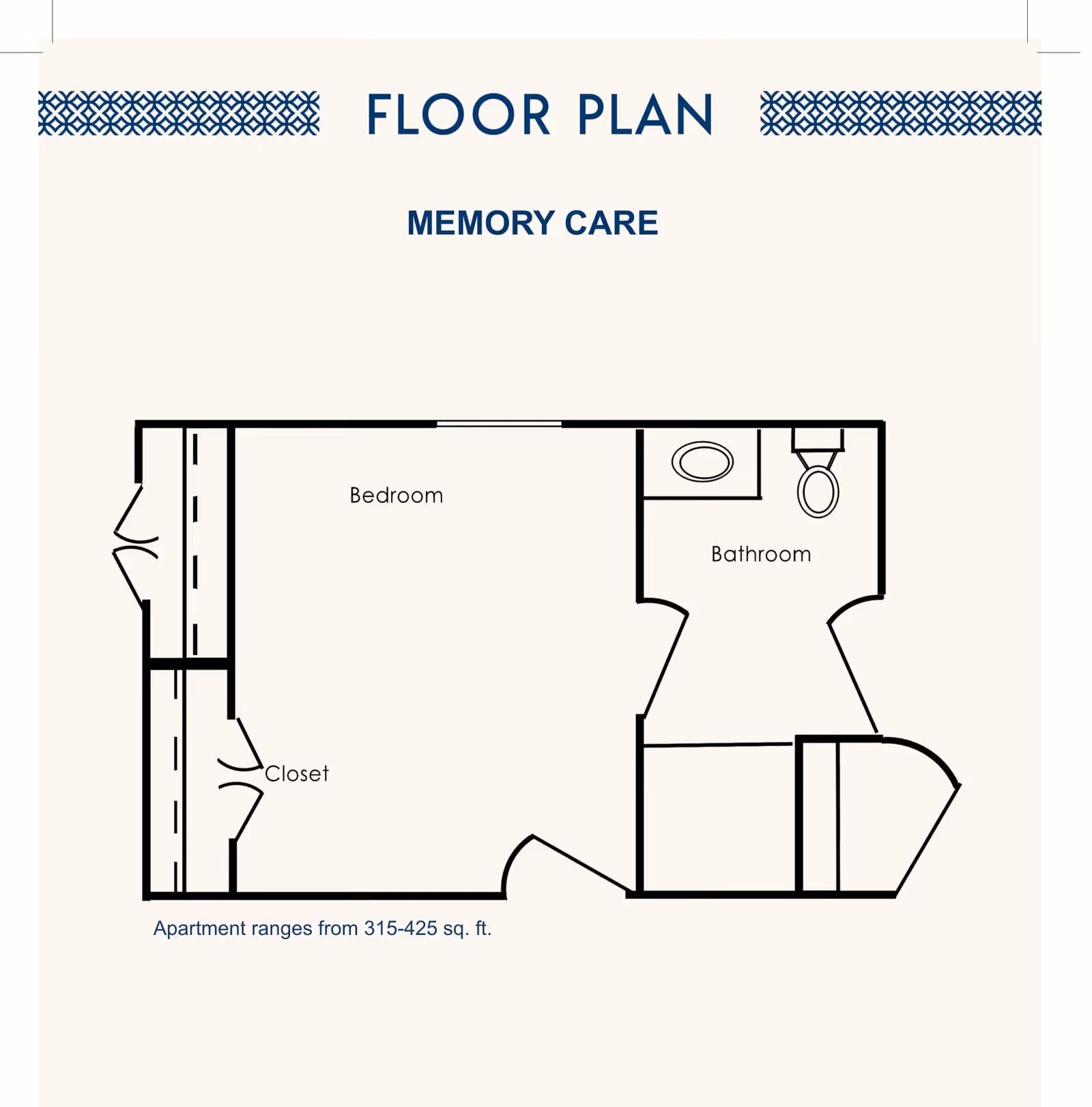 Floor plan layout for a memory care apartment showing a bedroom, closet, and bathroom with a toilet and sink. The apartment size ranges from 315 to 425 square feet.