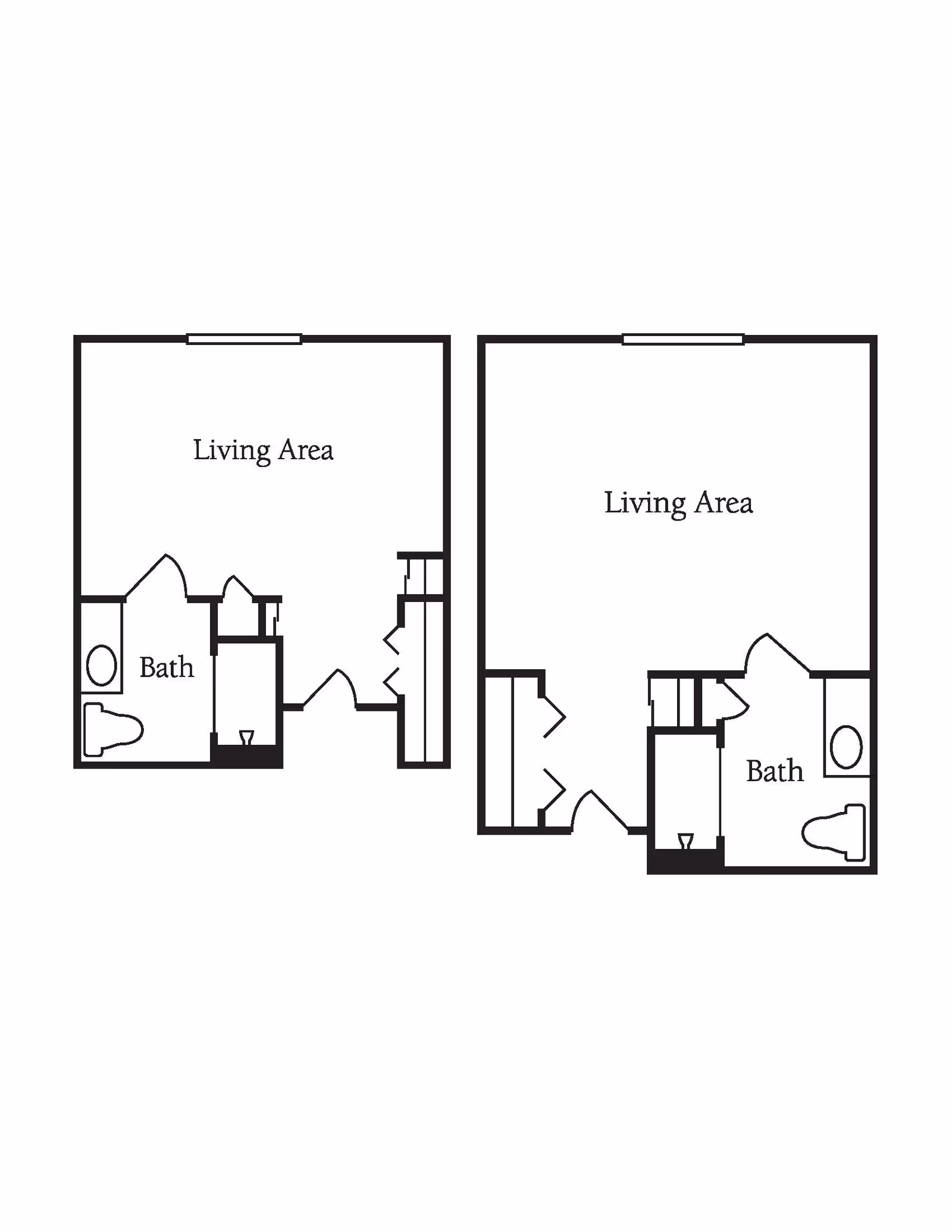 Two black and white architectural floor plans showing layouts with labeled living areas and bathrooms.