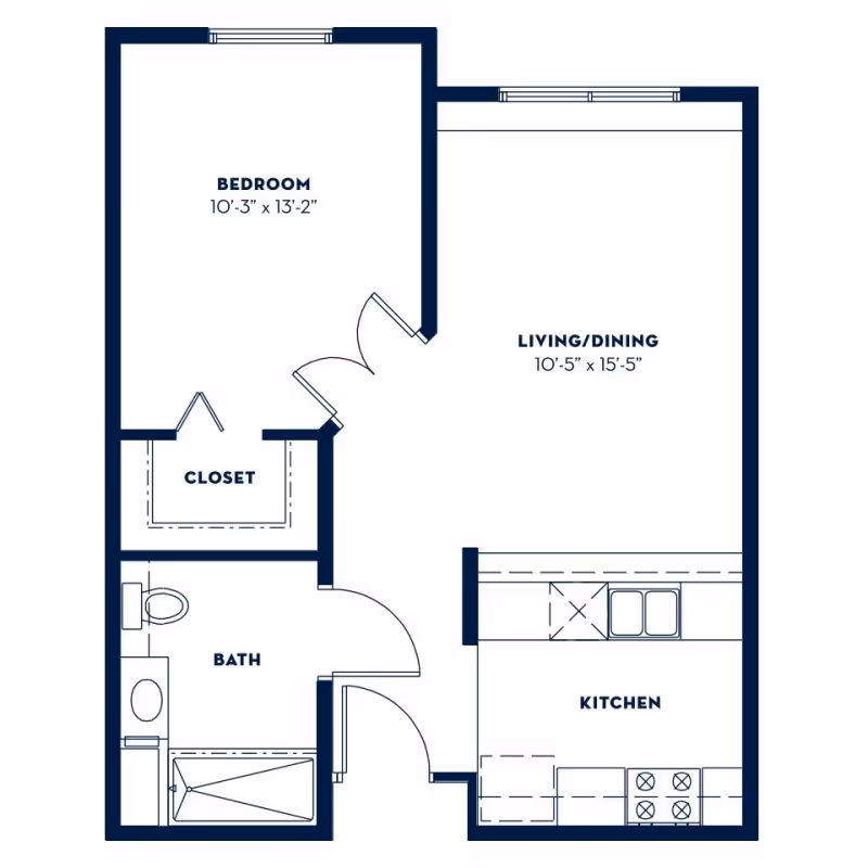 Floor plan of a one-bedroom apartment at Heritage Estate Senior Apartments showing a bedroom with closet, a bathroom, a kitchen, and a combined living and dining area.