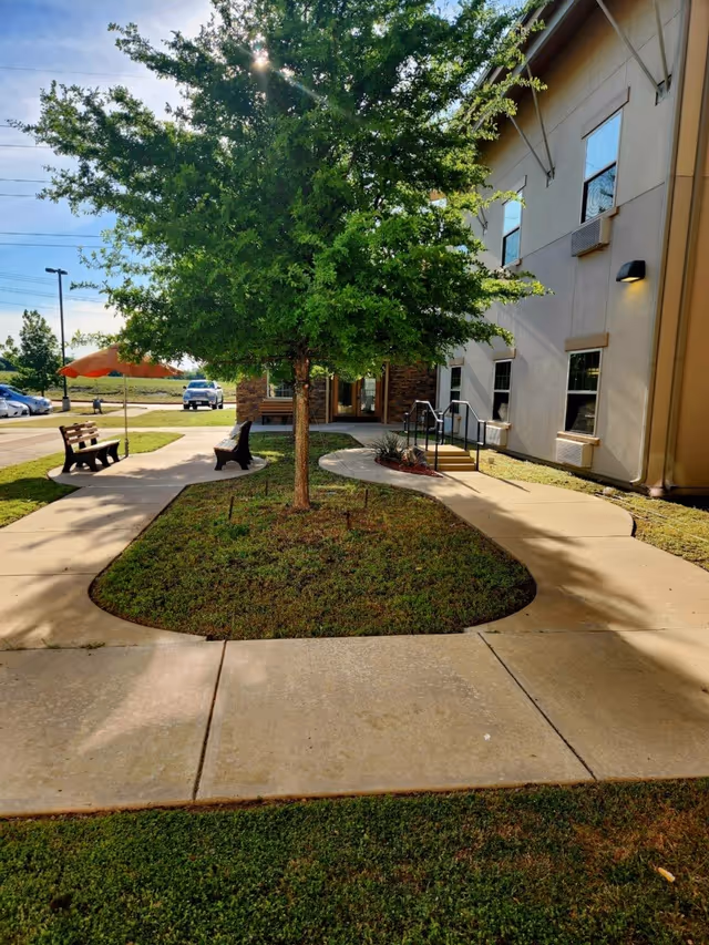 Outdoor courtyard with a central tree, paved walkways, benches, and the side of a multi-story building.