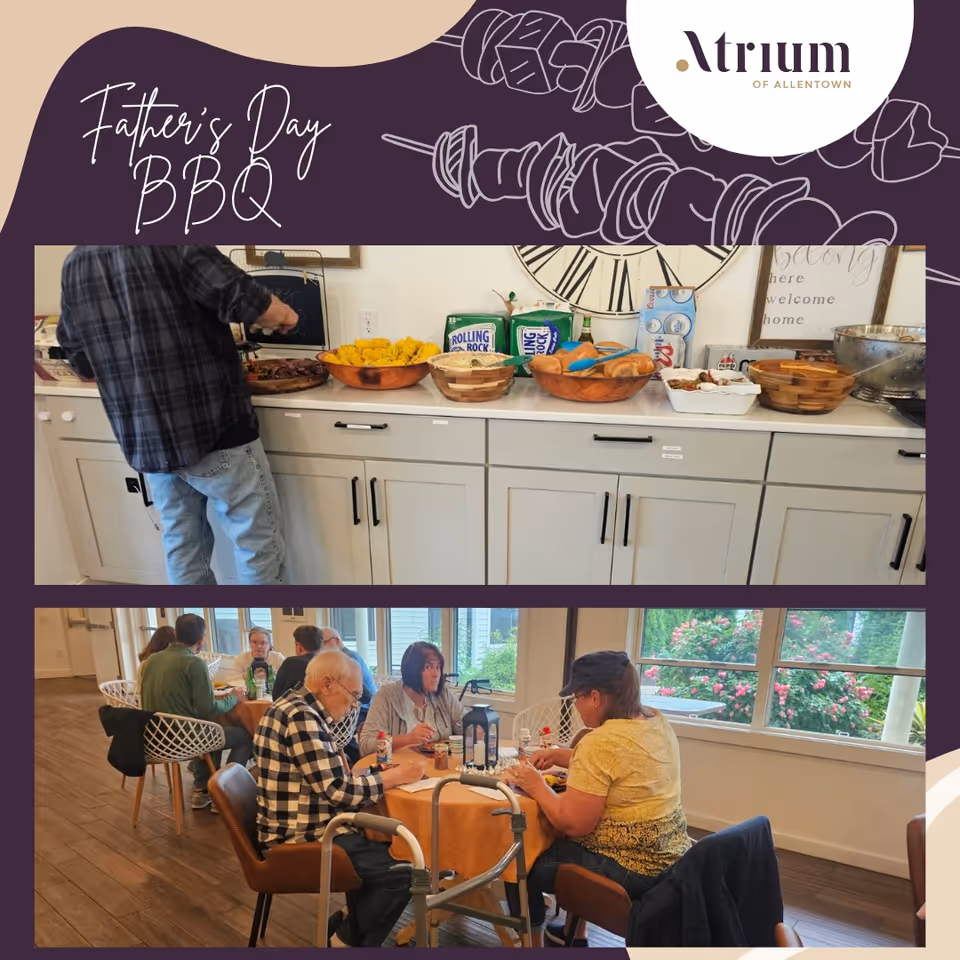 Two images from a Father's Day BBQ event at Atrium of Allentown. The top image shows a person serving food from a counter with bowls of corn, bread, and other dishes. The bottom image shows several elderly people sitting at tables eating and socializing in a bright room with large windows and a view of flowering bushes outside.