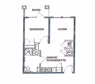 Floor plan of a senior living unit at The Village at Southlake showing a bedroom with a patio, a living area, a combined dining and kitchenette area, and a bathroom.