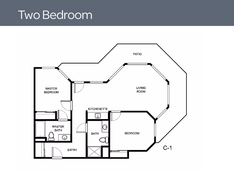 Architectural floor plan of a two-bedroom apartment at Asher Point Independent Living of Montgomery, showing a master bedroom with attached master bath, a second bedroom, a living room with adjacent patio, a kitchenette, an additional bath, and an entry area.