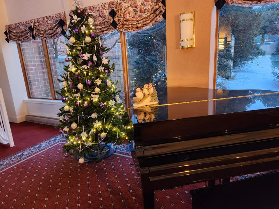 A decorated Christmas tree with white and purple ornaments and lights stands next to a black grand piano in a room with large windows showing a snowy outdoor scene. The room has red carpet with a patterned rug and floral valances on the windows. A small snowman decoration is placed on top of the piano.