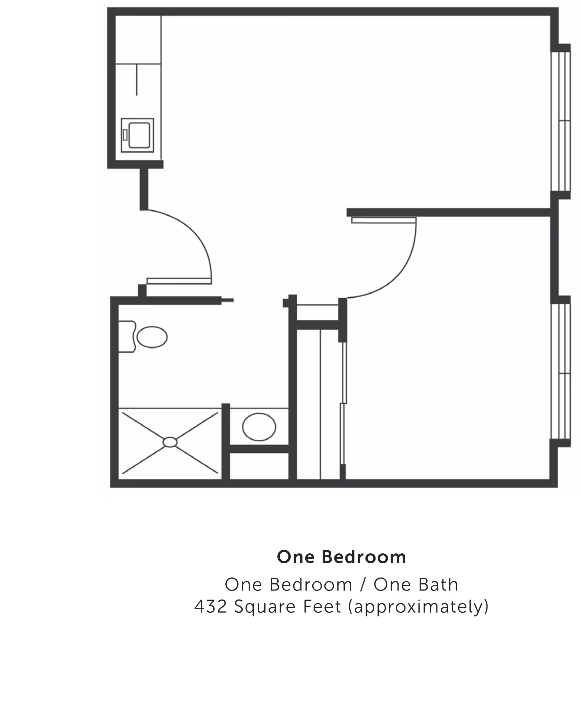 Floor plan of a one-bedroom, one-bath apartment with approximately 432 square feet. The layout includes a bedroom, a bathroom with a shower, a kitchen area, and a living space.