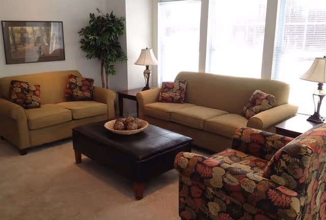 A cozy living room with two beige sofas and a patterned armchair arranged around a large dark brown ottoman. The sofas have decorative pillows with a leaf pattern. There are two side tables with lamps on either side of the sofas, a tall green plant in the corner, and large windows letting in natural light.