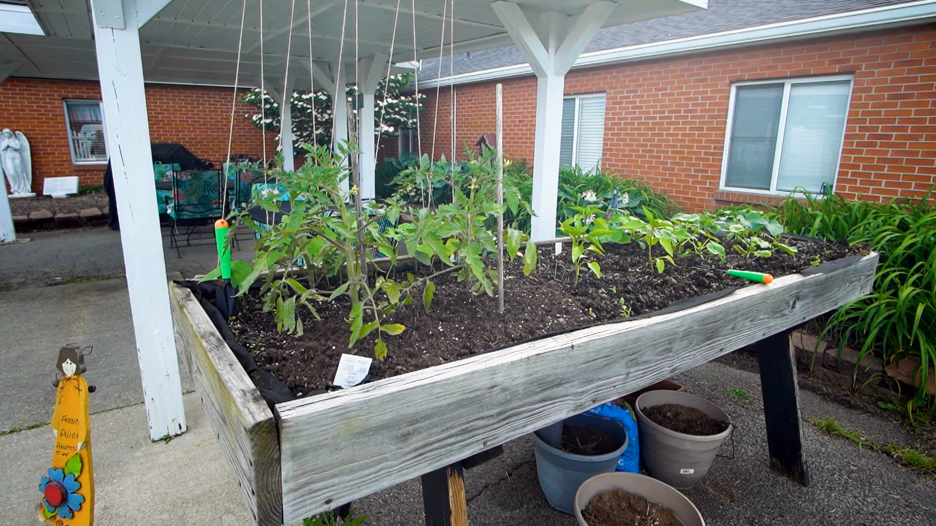 Raised garden bed under a white pergola structure with various plants growing in soil. The garden bed is made of weathered wood and supported by black legs. There are several pots with soil underneath the garden bed. In the background, there is a brick building with windows and some green plants along the wall.