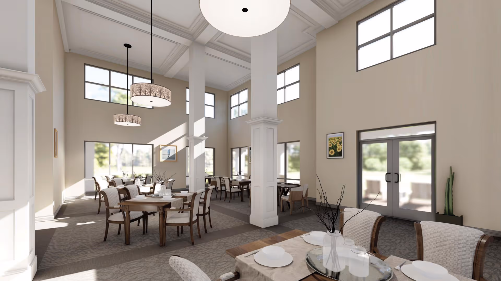 Spacious dining room with high ceilings, multiple round tables and chairs, large windows and pendant lights.