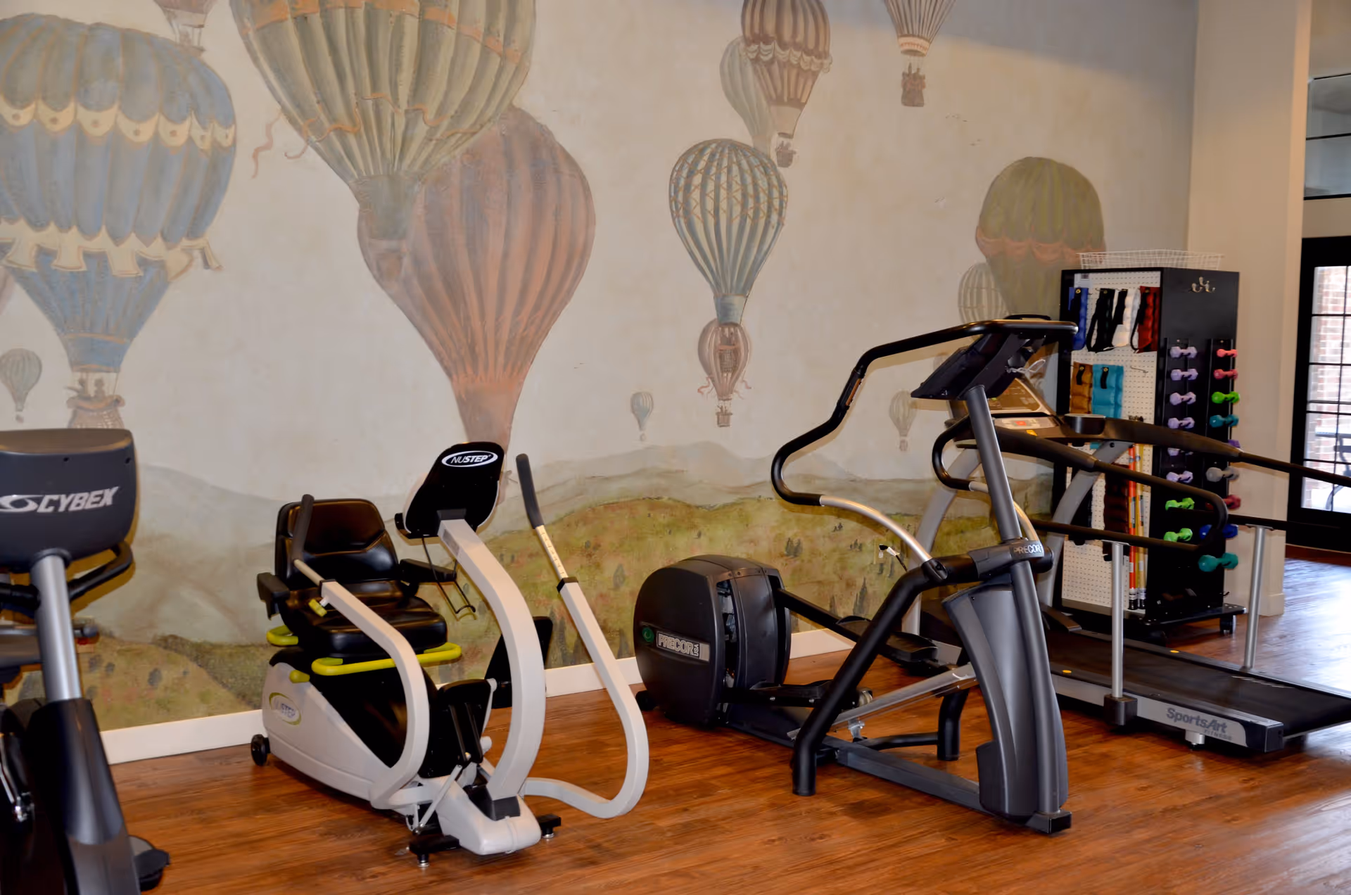 Interior view of a fitness room with exercise equipment including a recumbent bike, elliptical machine, and treadmill. The wall features a mural of colorful hot air balloons floating in the sky. There is also a rack with various exercise bands and small dumbbells.