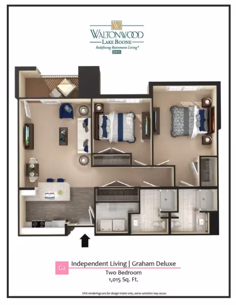 Floor plan of a two-bedroom independent living apartment named Graham Deluxe at Waltonwood Lake Boone, showing a layout with two bedrooms, a living room, kitchen, two bathrooms, and a balcony. The total area is 1,015 square feet.