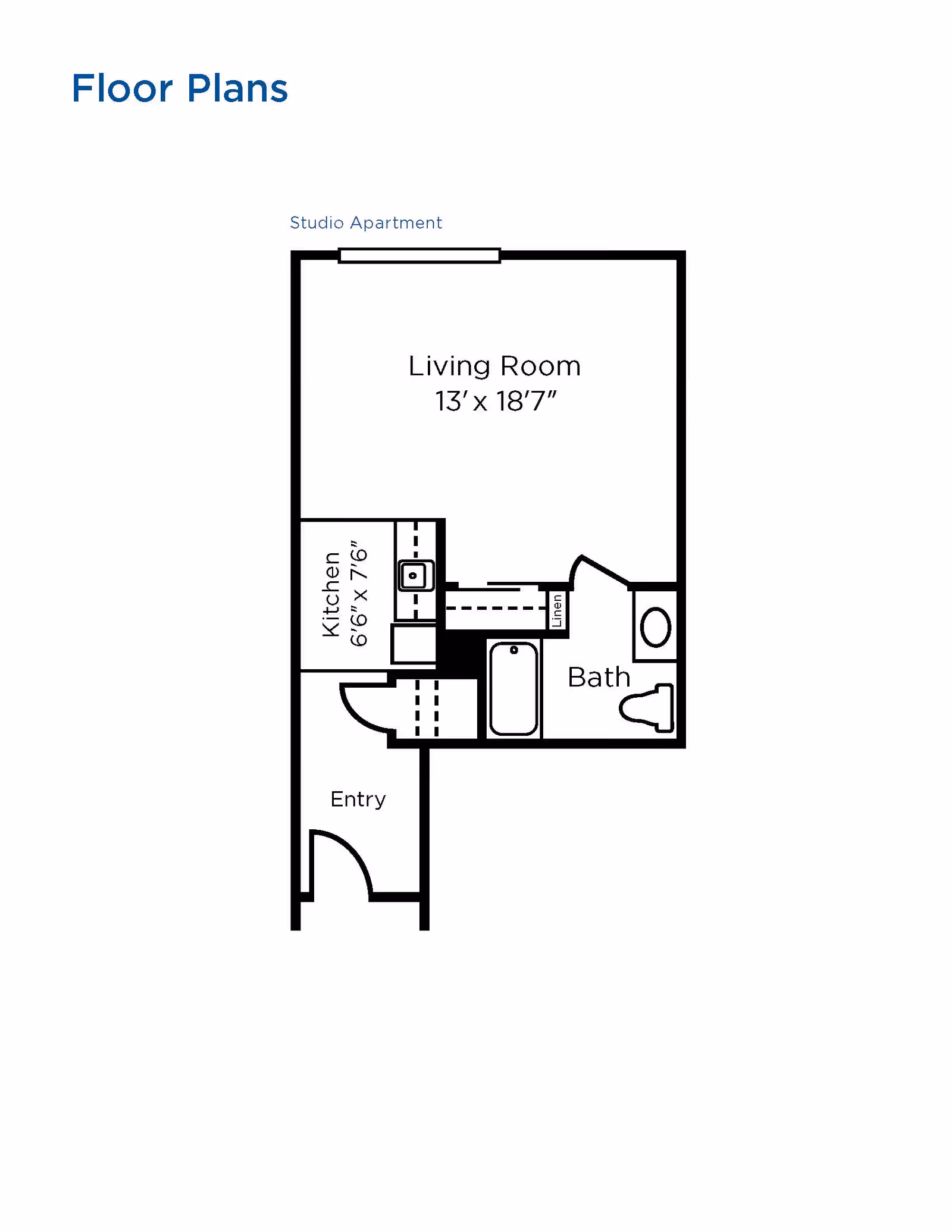 Floor plan of a studio apartment at Brookdale Wilsonville showing an entry, kitchen measuring 6'6" x 7'6", living room measuring 13' x 18'7", and a bathroom with a bathtub, toilet, and linen closet.