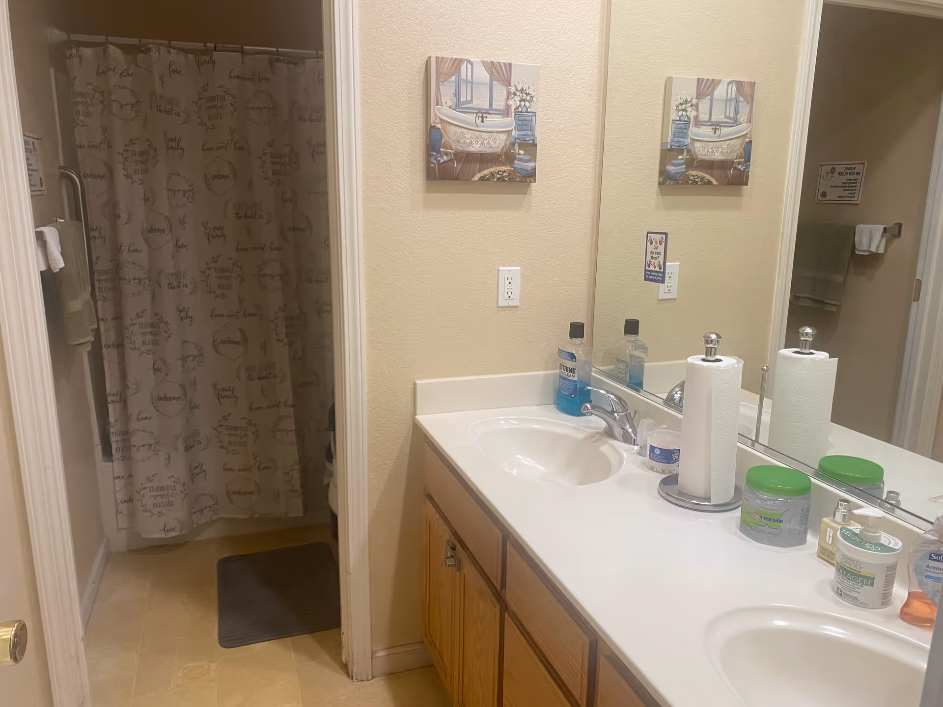 Double-sink bathroom vanity with toiletries and a large mirror, and a shower with a patterned curtain visible through a doorway.
