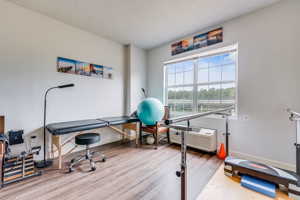 A bright room with a large window showing an outdoor view. Inside, there is a black padded therapy table, a black rolling stool, a large green exercise ball on a chair, parallel bars for walking support, and a step platform. The floor is wood, and there are several landscape photos on the walls.