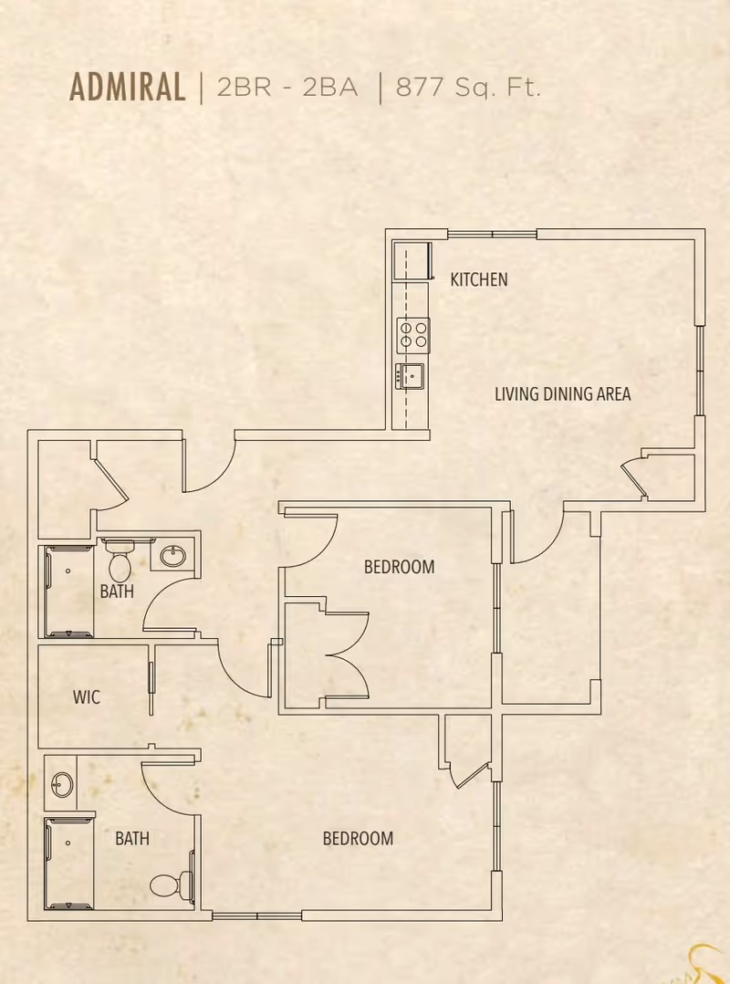 Floor plan layout titled ADMIRAL showing a 2 bedroom, 2 bathroom apartment with 877 square feet. The plan includes a kitchen, living dining area, two bedrooms, two bathrooms, and a walk-in closet (WIC).