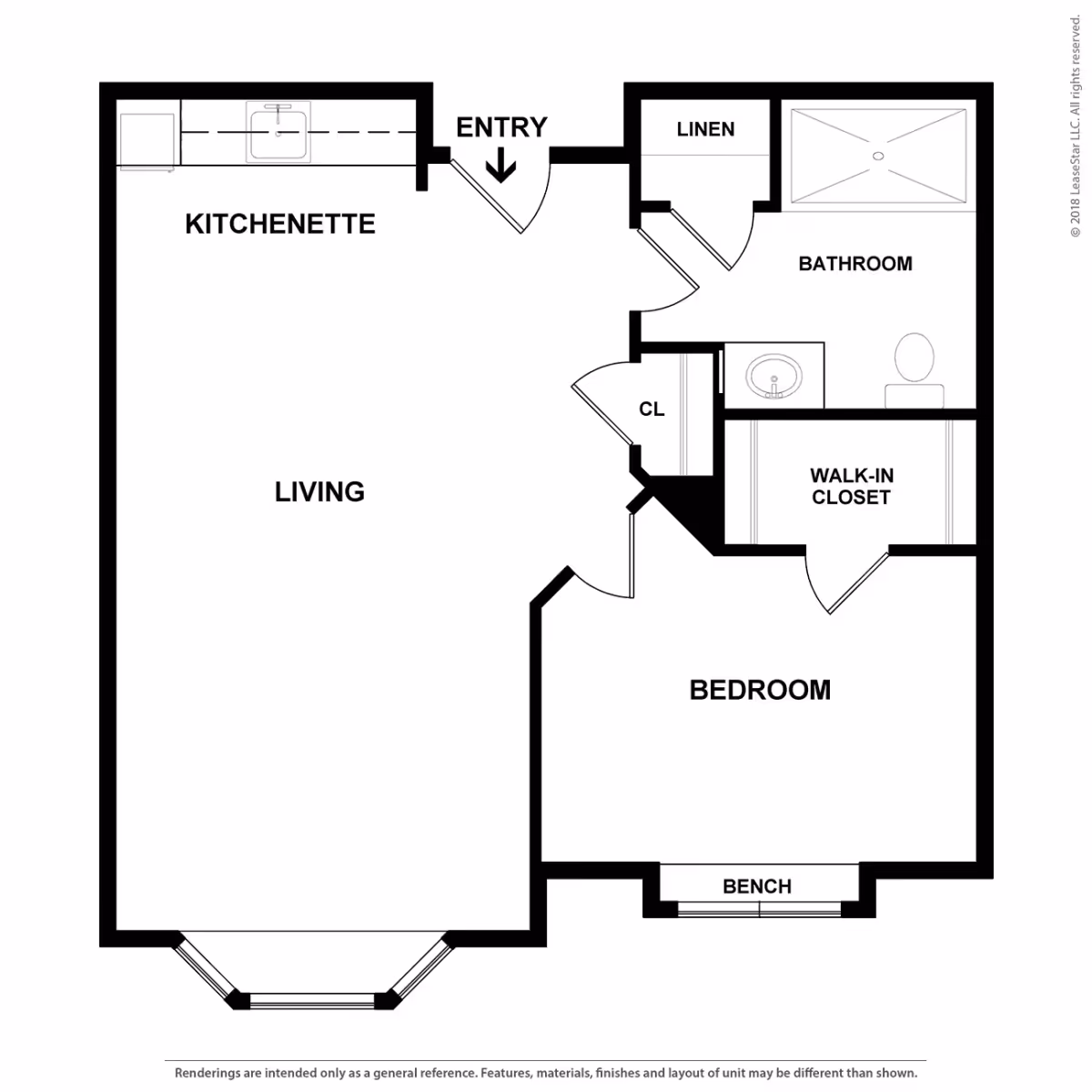 Floor plan layout of a senior living unit at Charter Senior Living of Davison showing a kitchenette, living area, bedroom with walk-in closet and bench, bathroom, linen closet, and entry door.