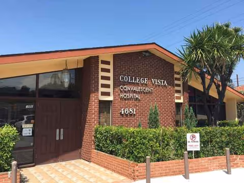 Front exterior of College Vista Convalescent Hospital with brick facade and landscaping