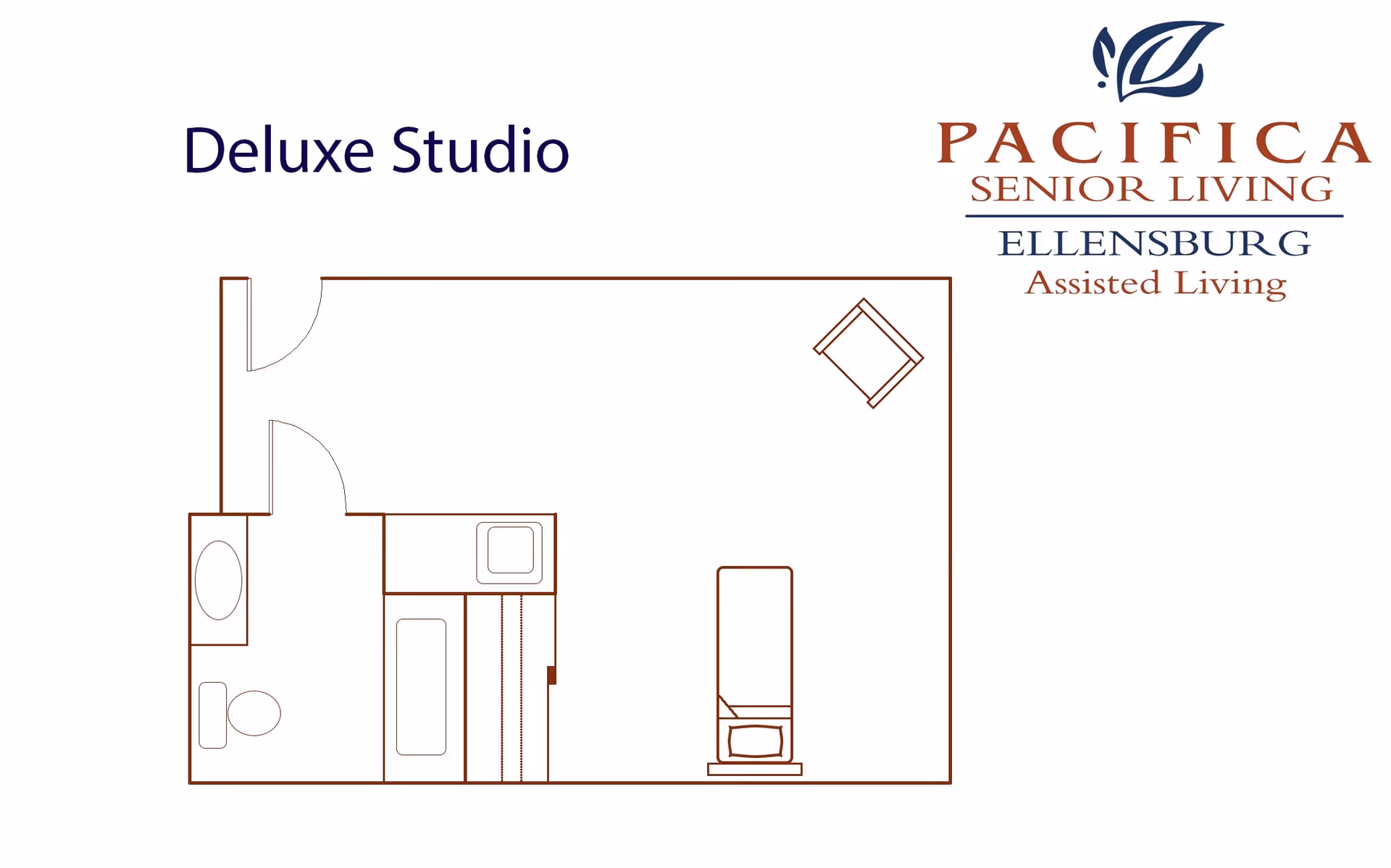 Floor plan layout of a deluxe studio apartment at Pacifica Senior Living Ellensburg Assisted Living, showing a combined living and sleeping area with a chair, a bathroom with a bathtub and toilet, and a kitchenette area.