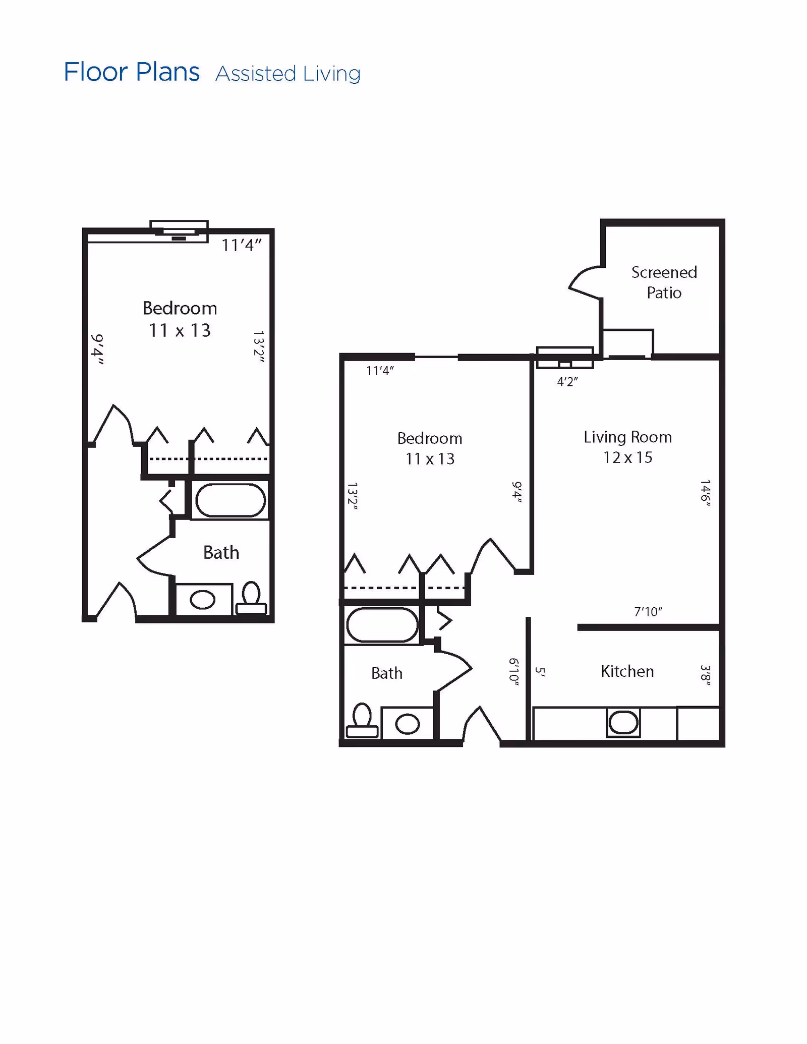 Floor plans for assisted living units at Brookdale Kettering, showing layouts with one bedroom, one bathroom, living room, kitchen, and screened patio in one plan.