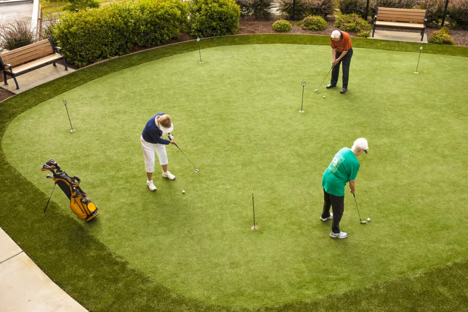Three elderly people playing golf on a small putting green surrounded by bushes and benches. One golf bag is standing on the edge of the green.