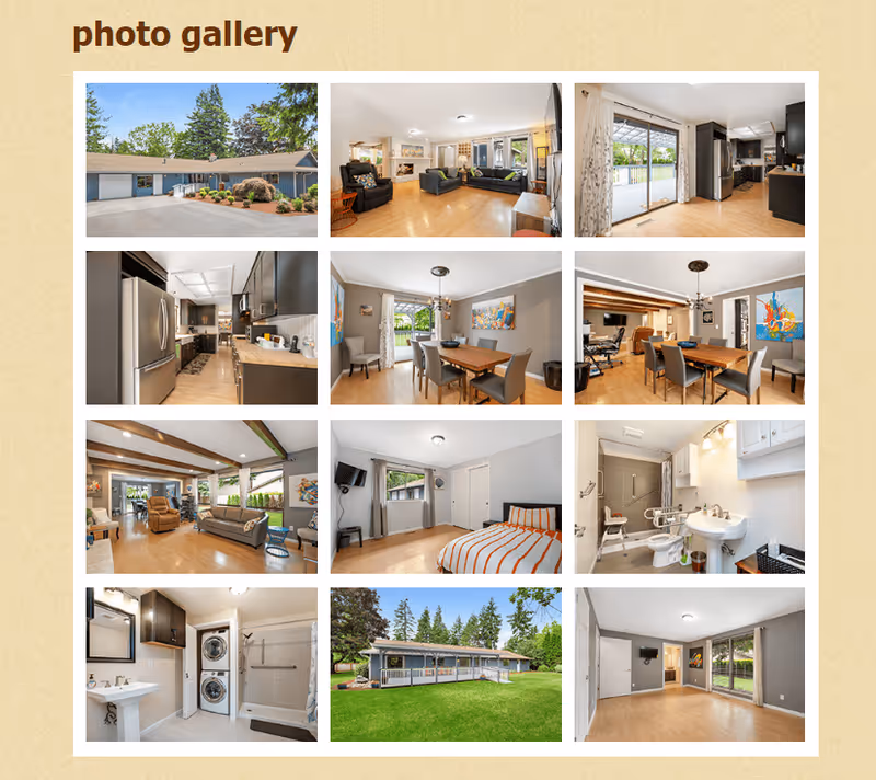 A photo gallery showing various views of Easthill Gardens AFH including the exterior front and backyard, living rooms with seating and decor, a kitchen with modern appliances, dining areas with tables and chairs, bedrooms with beds and windows, and bathrooms with accessible features and laundry appliances.