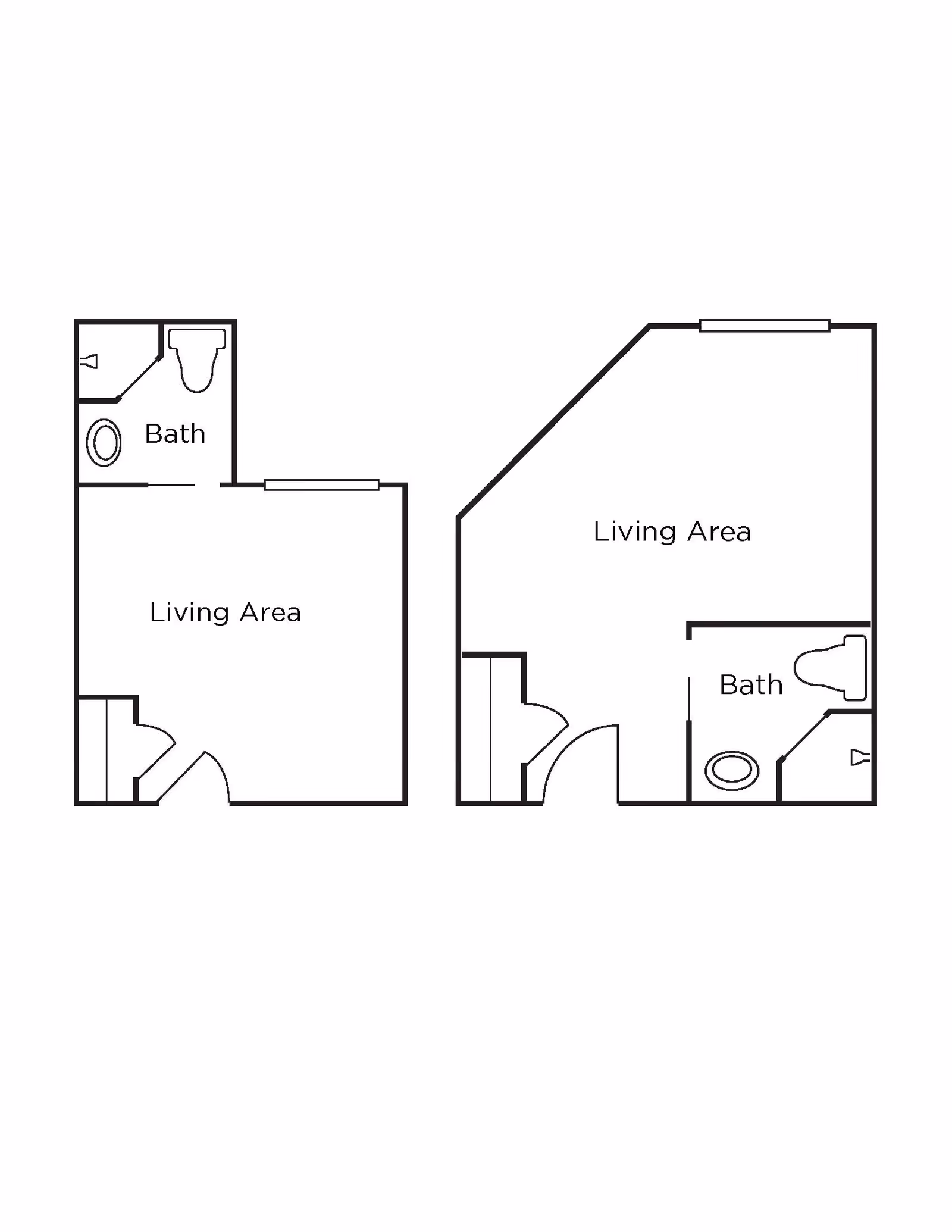 Two architectural floor plans showing layouts with labeled living areas and bathrooms, each including a toilet, sink, and shower.