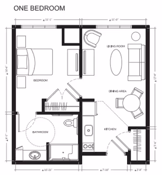 Architectural floor plan of a one-bedroom assisted living unit showing a bedroom, bathroom, living room, dining area, and kitchen with furniture layout and dimensions.
