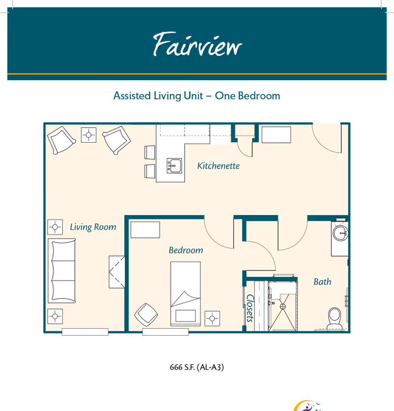 Floor plan of Fairview assisted living unit with one bedroom, showing a living room with sofa and chairs, a kitchenette with sink and counter, a bedroom with bed and chair, closets, and a bathroom with shower and toilet.