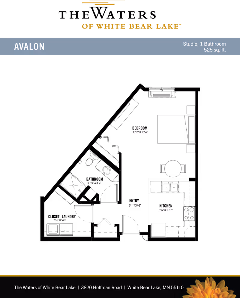 Floor plan layout of a studio apartment named Avalon at New Perspective Senior Living | White Bear Lake, showing a living/sleeping area, kitchen, and bathroom with dimensions.