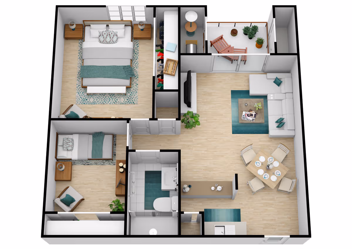 3D floor plan of an apartment at The Oaks at Inglewood showing a master bedroom with a large bed, a smaller bedroom with a single bed, a bathroom, a living room with a sectional sofa and TV, a dining area with a table set for six, a kitchen, and a small outdoor patio with chairs and plants.