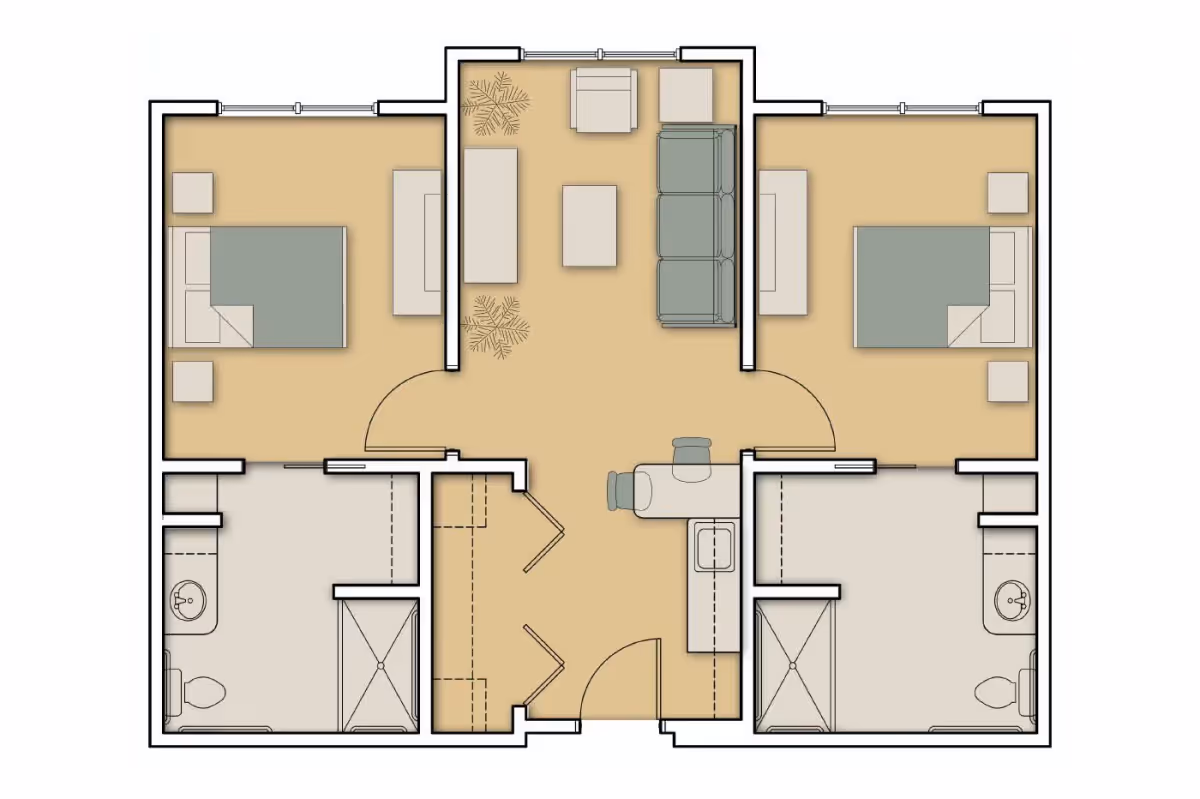 Floor plan of a senior living unit featuring two bedrooms, each with a bed and nightstands, two bathrooms with a toilet, sink, and shower, a central living room area with a sofa, armchair, coffee table, and side tables, and a small kitchen area with a sink and counter space.