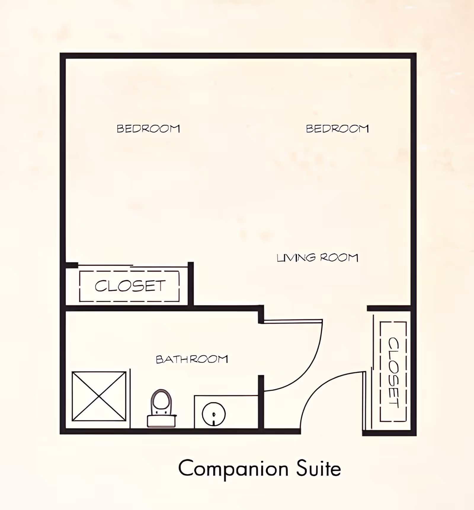 Floor plan of a companion suite at Heritage Point Assisted Living and Memory Care showing two bedrooms, a living room, a bathroom with a shower, toilet, and sink, and two closets.