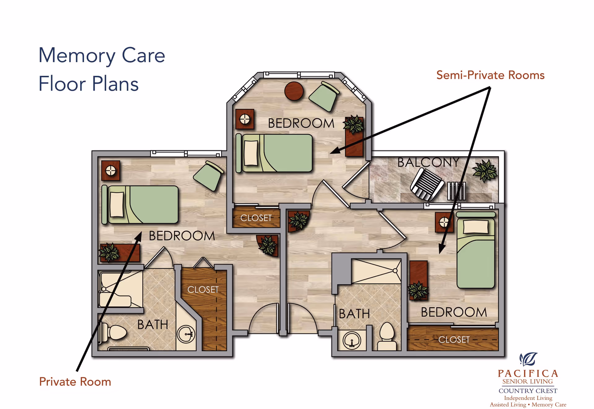 Floor plan layout for memory care at Country Crest Senior Living showing three bedrooms, two bathrooms, closets, and a balcony. The plan indicates private and semi-private rooms with furniture such as beds, chairs, and plants.