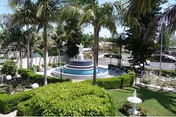 Outdoor garden area with a tiered fountain featuring a deer statue at the center, surrounded by palm trees, green bushes, and a parking lot in the background.