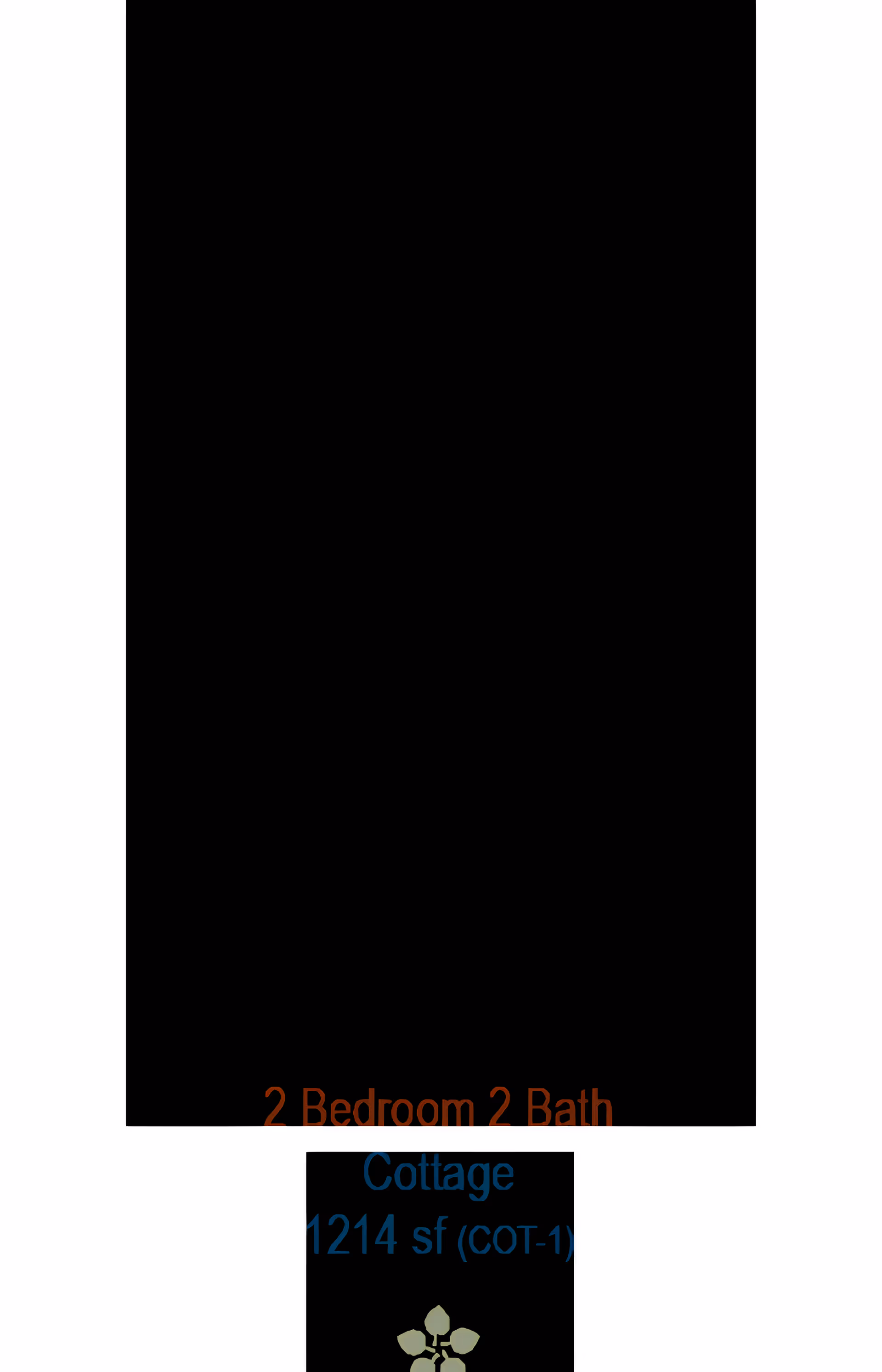 Black floor-plan placeholder with orange text '2 Bedroom 2 Bath' and blue text 'Cottage 1214 sf (COT-1)' above a small flower-like logo.