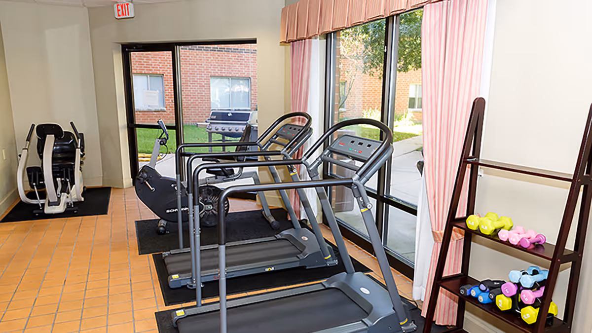 A small fitness room with two treadmills, an exercise bike, and a seated exercise machine. There is a rack holding colorful dumbbells on the right side. Large windows with pink curtains let in natural light and show an outdoor view with a brick building and a grill.