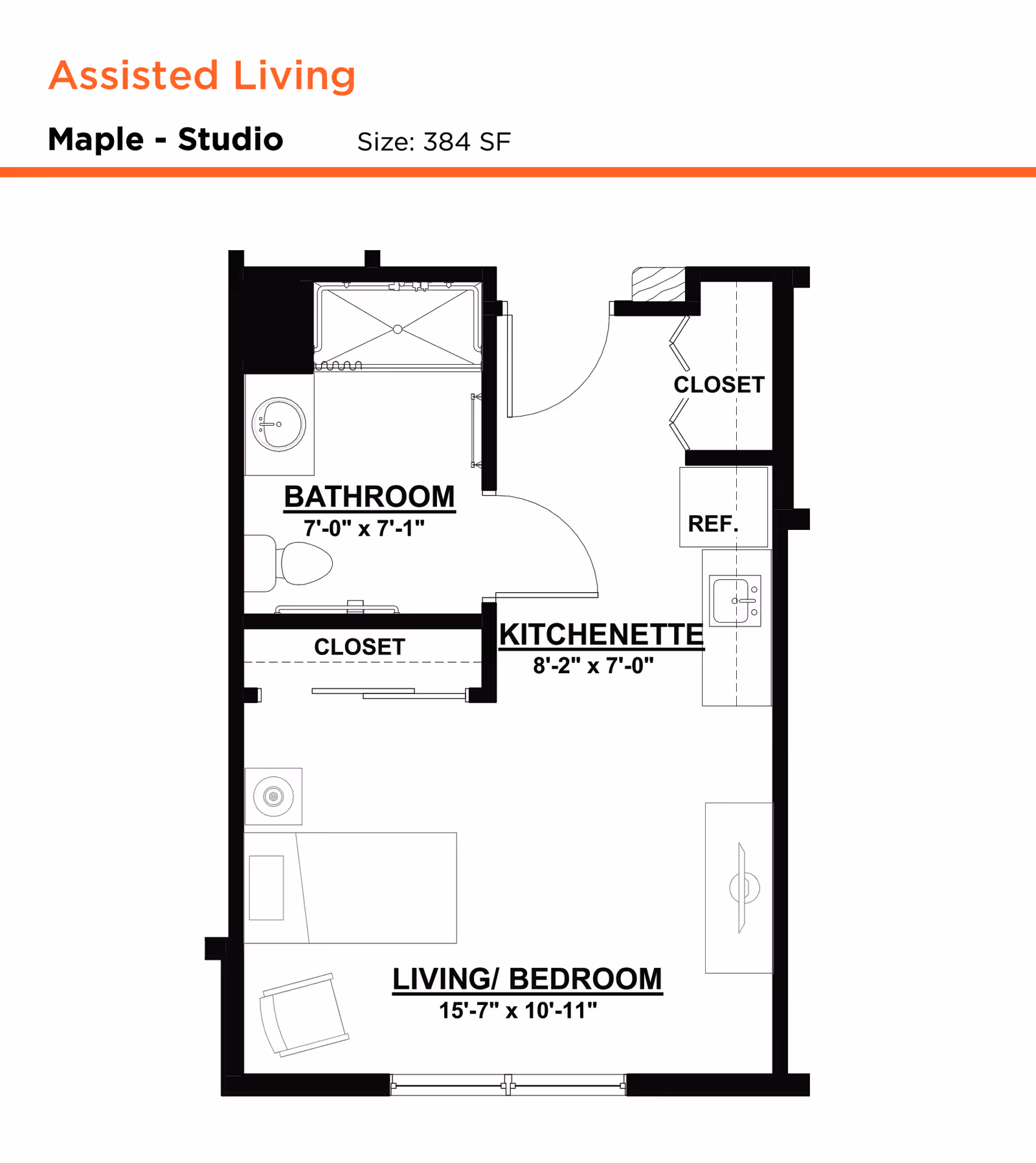 Black-and-white floor plan of a 384 sq ft assisted living studio showing a living/bedroom, kitchenette, bathroom, and closets.