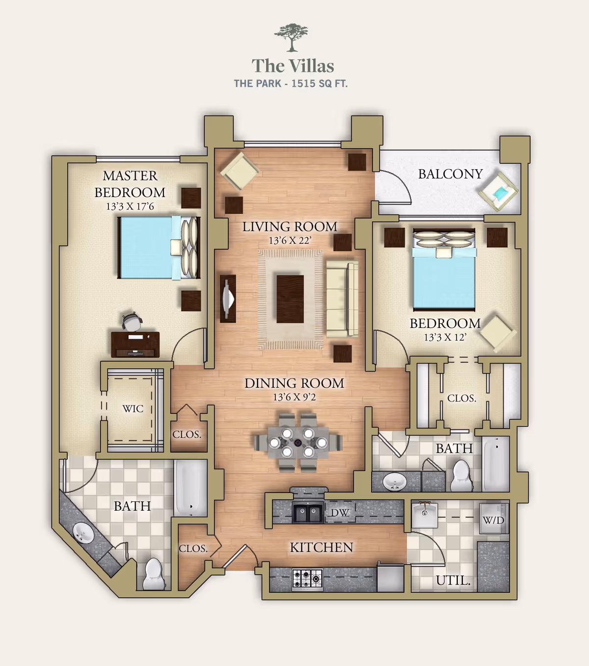 Floor plan of The Villas at The Cypress of Hilton Head, showing a layout with a master bedroom, a second bedroom, two bathrooms, a living room, dining room, kitchen, utility area with washer/dryer, walk-in closet, and a balcony. The master bedroom measures 13'3" by 17'6", the living room is 13'6" by 22', the dining room is 13'6" by 9'2", and the second bedroom is 13'3" by 12'.