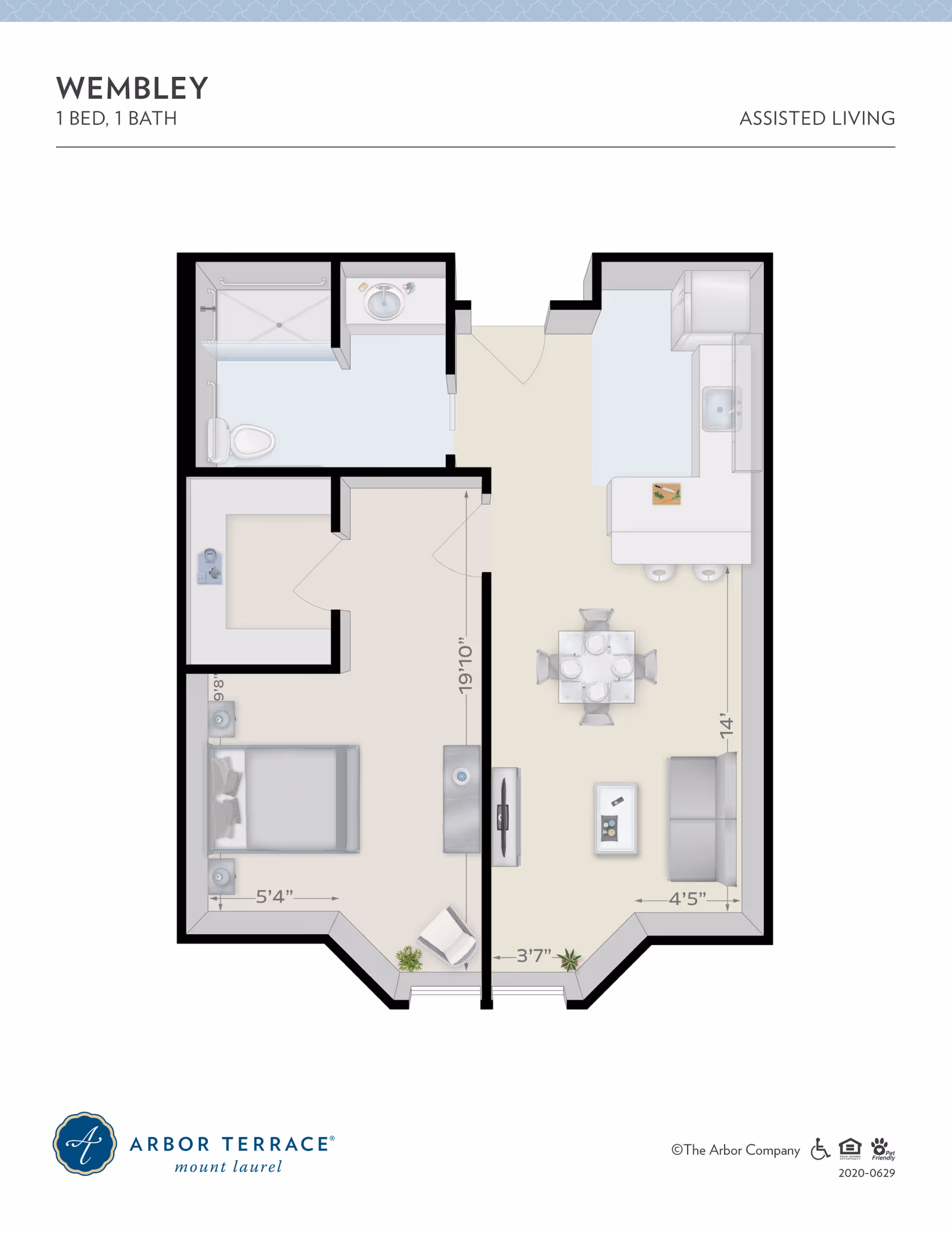 Floor plan of the Wembley assisted living unit at Arbor Terrace Mount Laurel, featuring 1 bedroom and 1 bathroom. The layout includes a bedroom with a bed and nightstands, a bathroom with a shower, toilet, and sink, and an open living area with a kitchen, dining table with four chairs, sofa, coffee table, and TV.