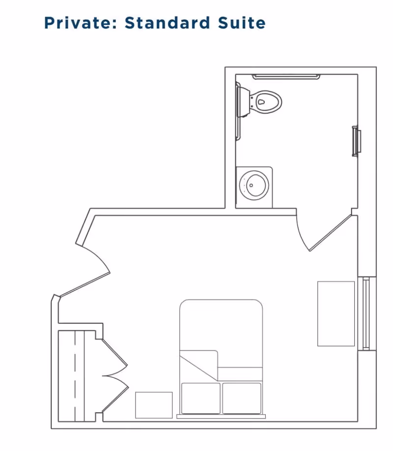 Floor plan layout of a private standard suite showing a bedroom area with a bed, a closet, a bathroom with a toilet and sink, and an entry door.