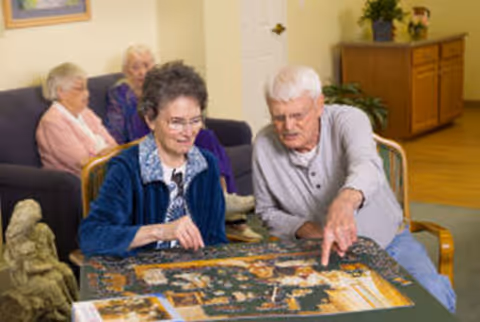 Two elderly individuals sitting at a table working together on a large jigsaw puzzle in a cozy room. In the background, two other elderly people are seated on a couch, and there is a wooden cabinet with plants on top.