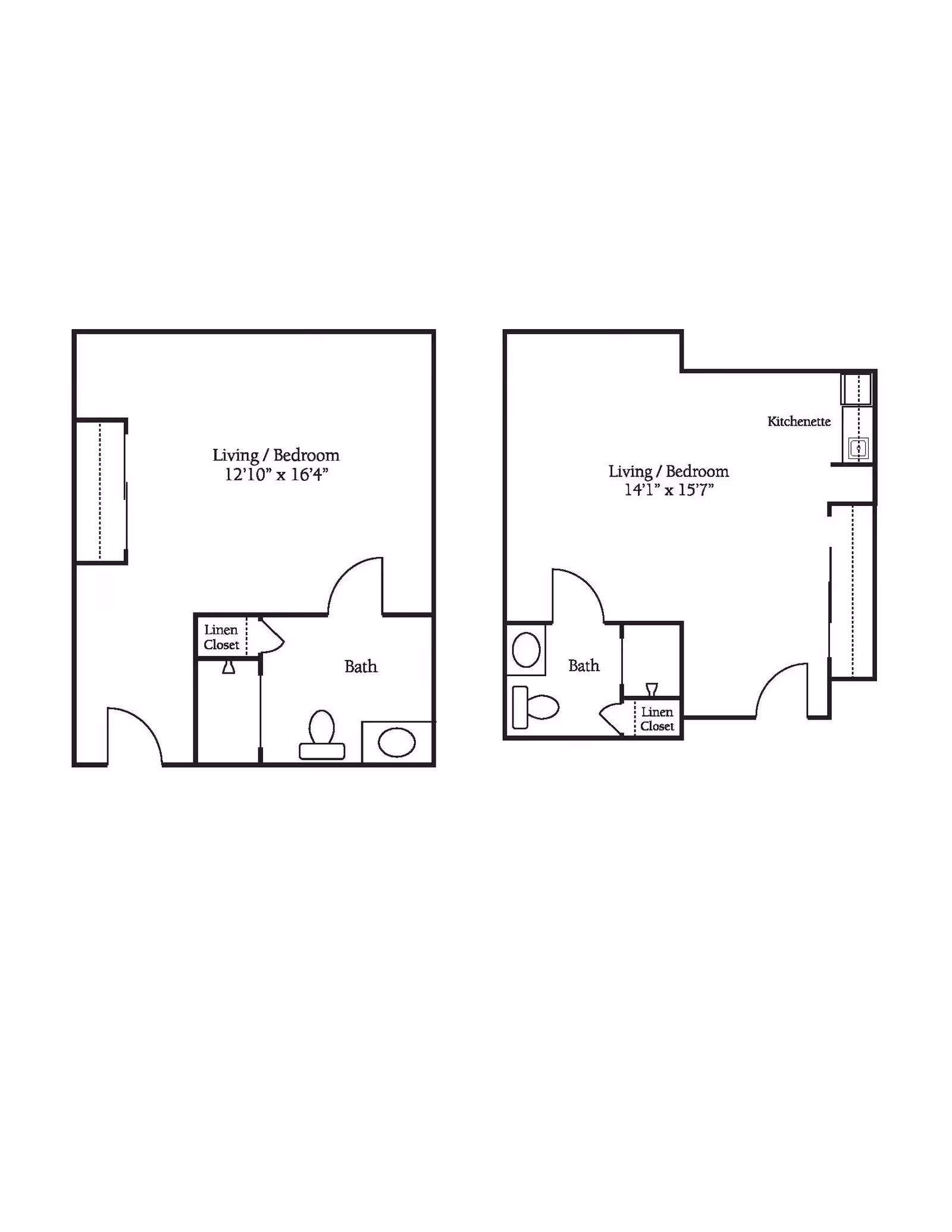 Two black and white architectural floor plans side by side. Each plan shows a living/bedroom area, a bathroom, and a linen closet. The right floor plan also includes a kitchenette. Dimensions for the living/bedroom areas are 12'10" x 16'4" on the left and 14'1" x 15'7" on the right.